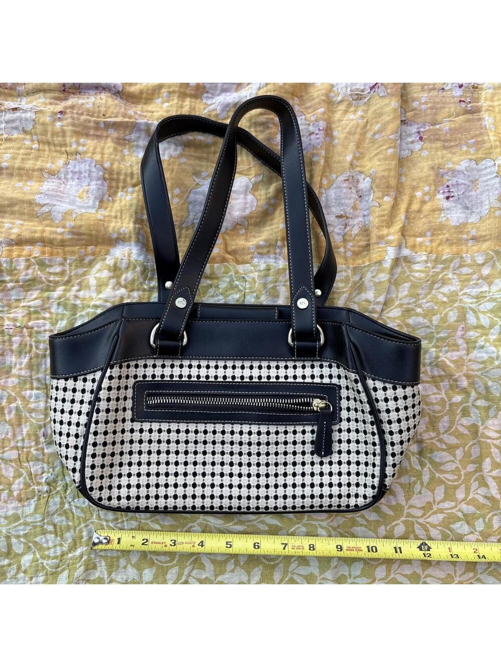 ann taylor loft woven geometric jacquard faux black & white leather shoulder bag
